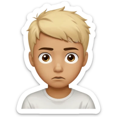 caramel skin color. Teen age. Short buzz, messy blonde hair, dark brown bushy eyebrows large expressive golden-brown eyes, brown skin color, scar over nose, wearing a plain white t-shirt. Disappointed thinking facial expression. caramel skin color sticker