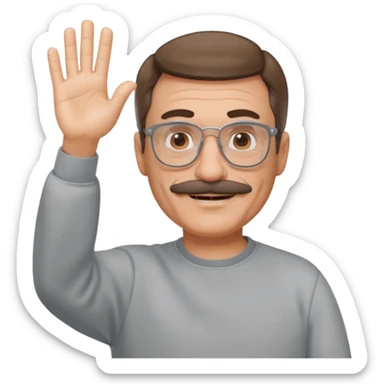 60 yr man partial brown hair parted in center, mustache, light glasses, sweatshirt waving hello sticker