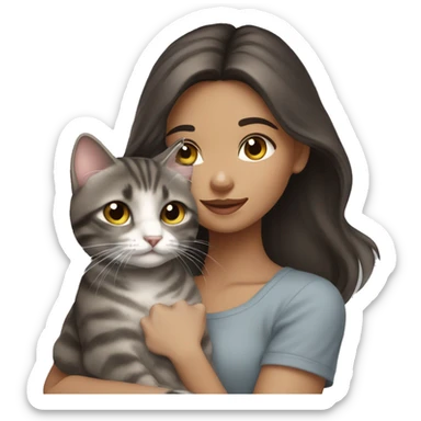 Long Dark brown haired girl with hazel eyes holding gray tabby cat sticker