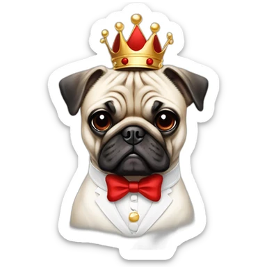 A dog (pug) with a crown in a white suit and a red bow an black baces sticker