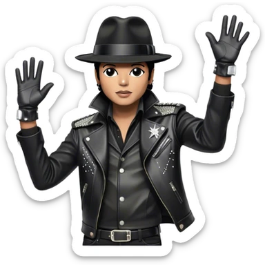 Icon for R&B Music: Michael Jackson in his black fedora, sparkling glove, and leather jacket, striking his famous final pose after performing, with one arm raised and head tilted back. Musical notes surround him, symbolizing the essence of R&B. Transparent background. sticker