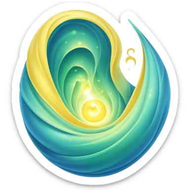 green-blue magical organic cocoon lit up with swirling yellow magic, ethereal and mystical, symbol shape, gentle green-blue hues sticker