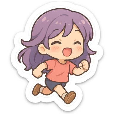chibi girl with purple hair, running, cute chibi stickers illustration style sticker