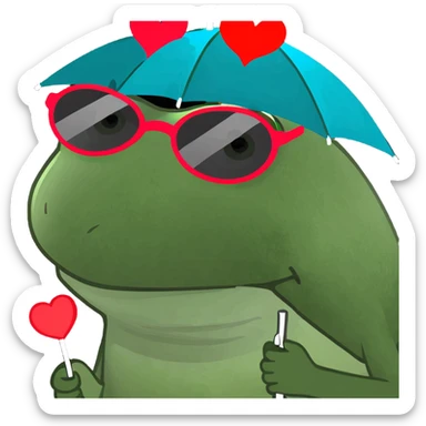 Make this frog look even more like the classic Bufo meme: green, wide-eyed, with the signature Bufo face, wearing a striped umbrella hat, heart-shaped sunglasses, and holding a pink cocktail, in bufo style, no background. sticker