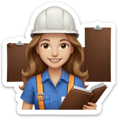 Waist-up female architect. Long light brown wavy hair, middle part. Brown eyes, long lashes, smiling with braces. White helmet with BUT in brown. Holding blueprints. Wearing chocolate Skims tee in natural romantic style. sticker