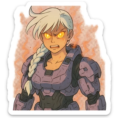 female, wearing reach spartan armor shoulder-unequip, long white braid hair with massive messy front side single bangs, gold yellow eyes, attention pose, D-cup size, HALO:series, no helmet, the armor is lavender color scheme, eyes glowing, demon eye, gleam, rage aura, body steaming sticker