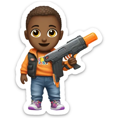 Baby with a nerf gun sticker