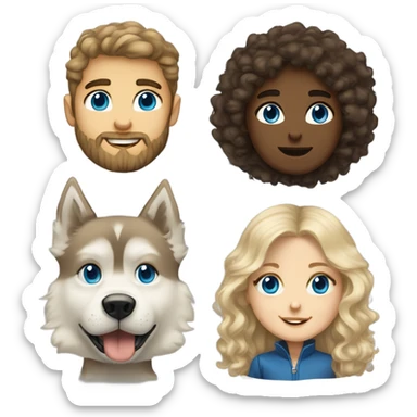 A blonde haired blue eyed girl and a brunette brown eyed boy with medium length curly hair and a beard with a husky  sticker