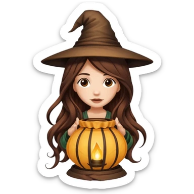 cute forest witch woman long wavy brown hair tattoos hiding inside lantern sticker