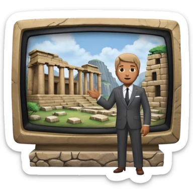 Icon for Documentary Film (TV style): A large TV screen with a host presenting in front of video footage showing ancient ruins. The design should evoke a vintage TV broadcast with historical content, complete with a clear view of the host and the ruins behind. Transparent background. sticker