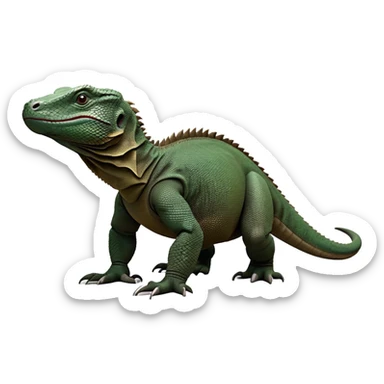 cinematic-komodo-dragon-realistic-full-body-standing on all fours-emoji,-massive-scaled-body-poised-with-quiet-power,-rough-textured-skin-dark-green-and-dark brown, black,-head-tilted-dramatically,-long-forked-tongue-flicking-out,-simplified-yet-realistic-focused-features,-highly-detailed,-glowing-with-an-almost-sarcastic-glow

 sticker
