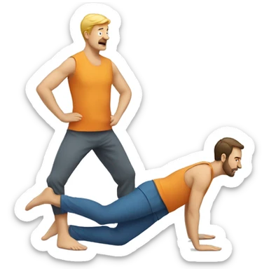 man standing facing another man who is in downward dog yoga position sticker