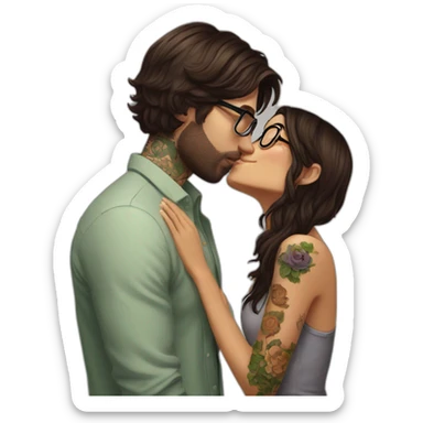 Brazilian long brown hair girl wearing glasses, kissing Irish dark short hair guy who has many tattoos sticker