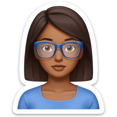 mujer de 30 años, cabello marron oscuro, anteojos cuadrados transparente, top celeste escote cuadrado sticker