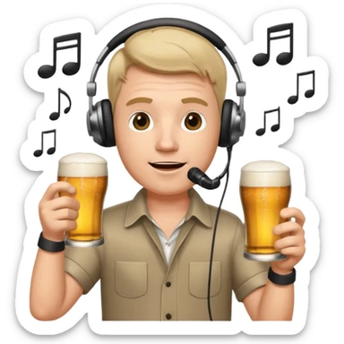 a white male radio presenter wearing headphones, speaking into a microphone, with a beer in his hand and musical notes around him sticker