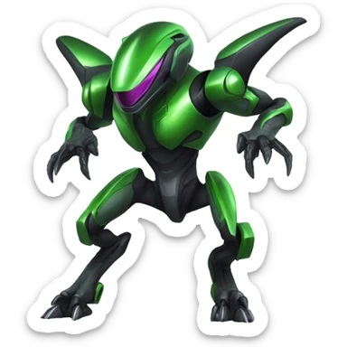 a shiny black-green Genesect-Raptor-Fakémon—hybrid with a futuristic visor-helmet full body sticker