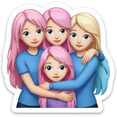 four white grips hugging and smiling    One girl with long light pink hair and blue eyes, one girl with blue eyes and light blonde hair, and 2 girls with brown eyes and long dark brown hair. sticker