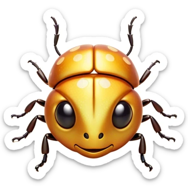 Cinematic Cute Beetle Portrait Emoji, Head tilted playfully and inquisitively, featuring a diminutive, charming body with a glossy, intricately patterned shell and round, sparkling eyes full of endearing wonder, Simplified yet irresistibly adorable features, highly detailed, glowing with a warm, inviting metallic glow, high shine, affectionate and lively, stylized with a touch of whimsical insect elegance, soft glowing outline, capturing the essence of a mischievous beetle that seems as if it could scuttle out of the screen into your arms! sticker