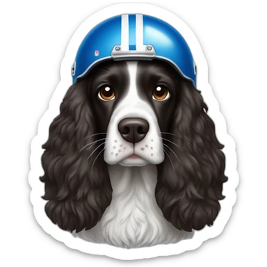 black springer spaniel wearing detroit lions football helmet sticker