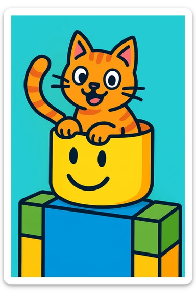 a playful and cartoonish illustration of a cat inside the head of a Roblox noob character sticker