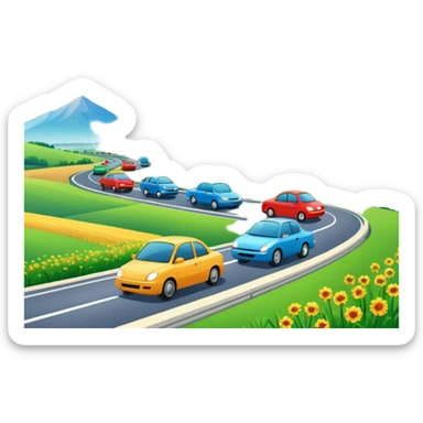 A busy highway with fast-moving cars, surrounded by green fields and distant mountains under a bright blue sky sticker