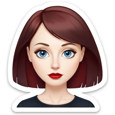 Artistic woman in her 40s with pale skin, oval face, large expressive blue eyes with eyeliner, thin arched eyebrows, small nose, full lips with red lipstick, dark auburn hair that's straight with slight waves at ends, straight bangs, wearing a black top, warm creative expression sticker