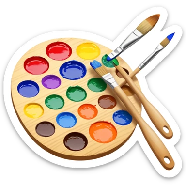 Paint palette with colorful paints and brush sticker