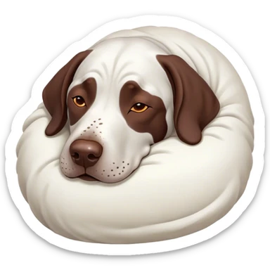 Cinematic Meme-Worthy Chubby Sleeping German Pointer Portrait Emoji, Head resting peacefully with a contented smile, showcasing a delightfully chubby build and a luxuriously soft liver and white coat, eyes shut in a serene nap, Simplified yet hilariously adorable features, highly detailed, glowing with a soft, drowsy light, high shine, relaxed and utterly lovable, stylized with an air of playful laziness, bright and heartwarming, soft glowing outline, capturing the essence of a comically sleepy hunter, so meme-worthy it feels like it could instantly become the next viral sensation of adorable slumber! sticker