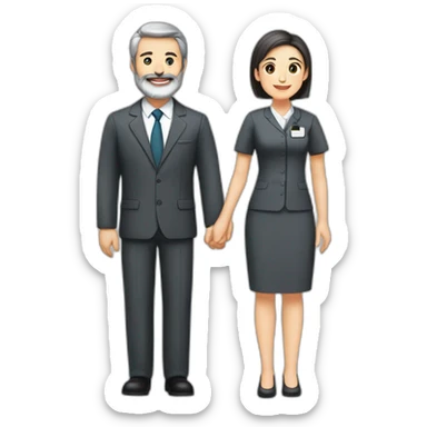 husband classy caucasian 55 dark gray hair trimmed beard wearing business suit and holding bible, with wife asian age 55 dark hair nurse uniform, no children sticker