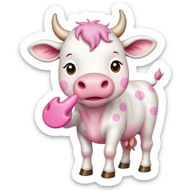 White cow with pink dots holding one hoof up sticker