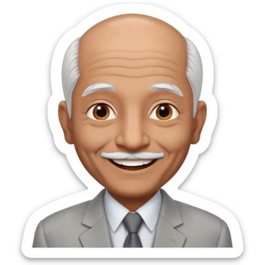 70 yr old indian man, almost bald, some white hair, light grey business suit, big smile, dark brown skin, no moustache
 sticker