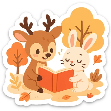 cute deer and bunny reading together in a soft autumn forest scene, pastel-toon style sticker