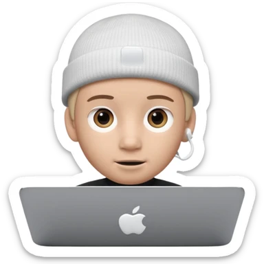 Apple Memoji–style 3D avatar, front-facing, centered.
Young male wearing a dark beanie and white AirPods, behind a silver laptop.
Big expressive eyes, smooth cartoon skin, soft lighting, white background, high quality. sticker