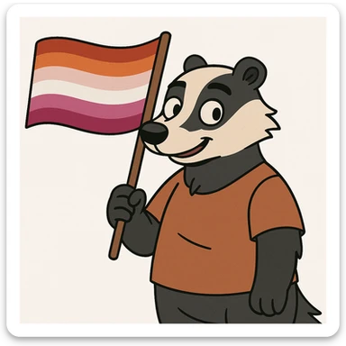 a cartoon badger holding a lesbian pride flag, vibrant colors, white background sticker