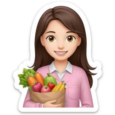 pretty smiling long brunette hair girl hazel eyes wearing light pink clothes holding groceries sticker