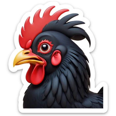 Cinematic Cute Yawning Black Rooster Portrait Emoji, Head tilted slightly with a dramatic, wide-open yawn, showcasing a soft, downy black plumage with a crisp red comb and drooping wings, round eyes barely open in drowsy contentment, Simplified yet irresistibly adorable features, highly detailed, glowing with a soft, cozy glow, high shine, relaxed yet expressive, stylized with a touch of whimsy, bright and endearing, soft glowing outline, capturing the essence of a sleepy yet affectionate rooster, so drowsy it feels like it could stretch out of the screen and curl up for a nap! sticker