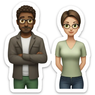 A girl with brunette hair up in a bun and brown eyes with glasses standing next to a guy with short brunette hair and green eyes with facial hair  sticker