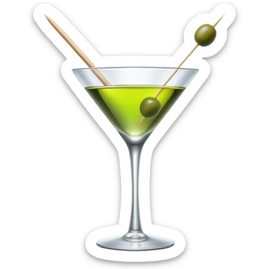 martini glass with completely colorless transparent liquid like pure water, with a green olive at the bottom skewered by a toothpick sticker