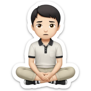 A cartoon young Asian boy with short black hair, light beige skin, and large expressive eyes, wearing a white polo shirt, gray pants, and black shoes. He sits cross-legged on the ground, one fist resting on his cheek, with a closed-mouth smirk. Clean lines, flat colors, solid black background. sticker