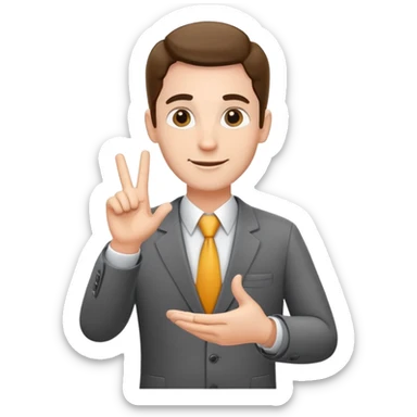 friendly salesman with a name tag, open hand gesture, business attire sticker