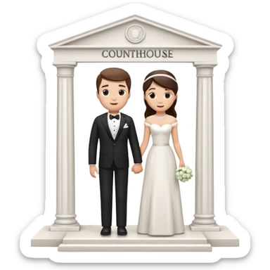 A 3D cartoon courthouse wedding venue with a bride and groom standing at the entrance, elegant white columns, soft natural lighting, simple modern decor, minimal background, realistic Memoji-style rendering. sticker