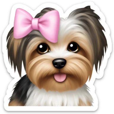 Tiny tiny white brown and black Yorkie puppy with a pink and white bow sticker