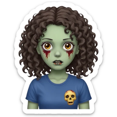 zombie girl with curly hair n brown eyes, dark and long hair 3a with wavy scalp, just a tshirt sticker