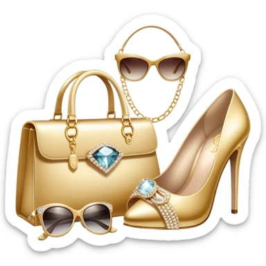 A photorealistic icon featuring luxurious fashion accessories like a high-end handbag, elegant high heels, a sparkling diamond necklace and a stylish pair of sunglasses. The design includes gold accents, soft lighting, and glamorous textures, fashion, and VIP luxury. Transparent background sticker