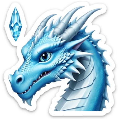 Cinematic Noble elegant Ice Dragon Portrait Emoji, Poised and imposing, distinct long elegant snout, with a slender, scaled body shimmering in glacial hues of icy blue, frostbitten silver, and crystalline white, breathing out frost, with piercing, glowing ice blue white eyes that radiate the chilling depths of an arctic storm; rendered in detail. sticker