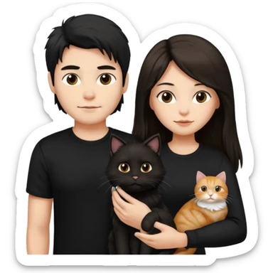 The man is wearing a black shirt and the women is wearing a black top and has longer hair. The cats fur  is lighter  sticker