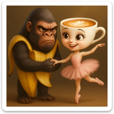 Edit the image to make the ballerina coffee cup character happy and the gorilla-banana character angry, keeping their original style, outfits, and colors exactly as in the reference image. sticker