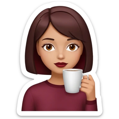 A brunette girl with a bob hairstyle, drinking coffee  Burgundy sticker