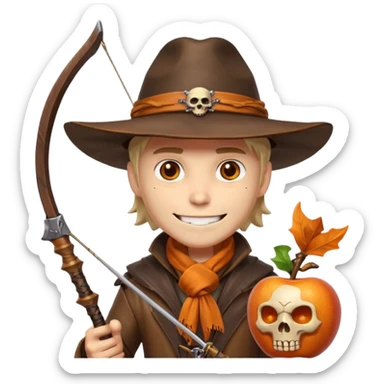male human monster hunter emoji, wearing brown leather coat and wide hat, holding crossbow or rifle, with amulet shaped like skull, Halloween fantasy theme, confident smile, orange scarf, Apple emoji style, clean white background, square image sticker