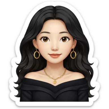 A South Korean girl in her thirties with long black soft wavy hair with middle part and layers. She is wearing a black off the shoulder long sleeve knit sweater, small gold hoop earrings and thin gold necklace. She has brown eyes with mono lid shape and smiling with lips together sticker